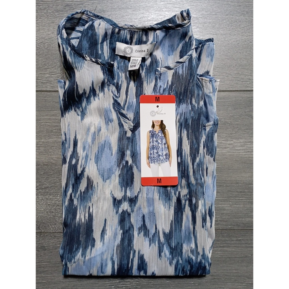 Cristina B Blouse Womens Medium Blue Ikat Print Layered Hem Tank 1772603